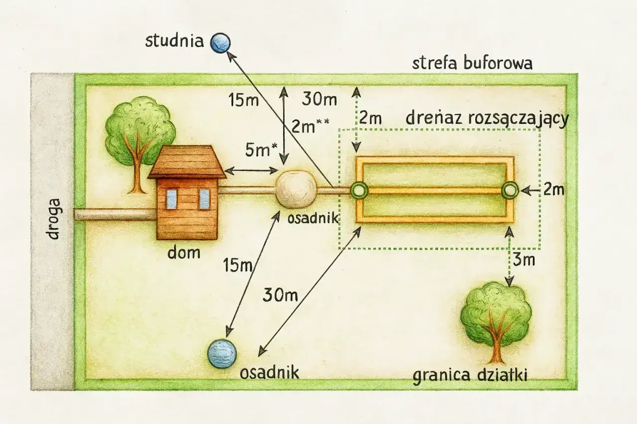 Schemat przydomowej oczyszczalni ścieków. Dowiedz się, ile kosztuje przydomowa oczyszczalnia ścieków, analizując odległości od domu, studni i granicy działki.